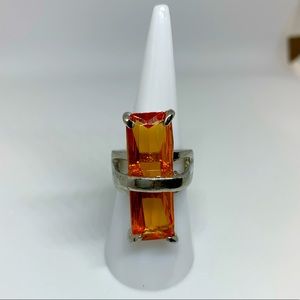 NEW Silver w Large Rectangle Orange Stone Ring